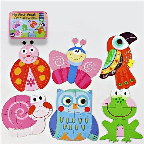 Baby Puzzle Toys Games Iron Box Cartoon 3D Animals Wooden Puzzle For Children Early Educational Toys Gifts For Kids