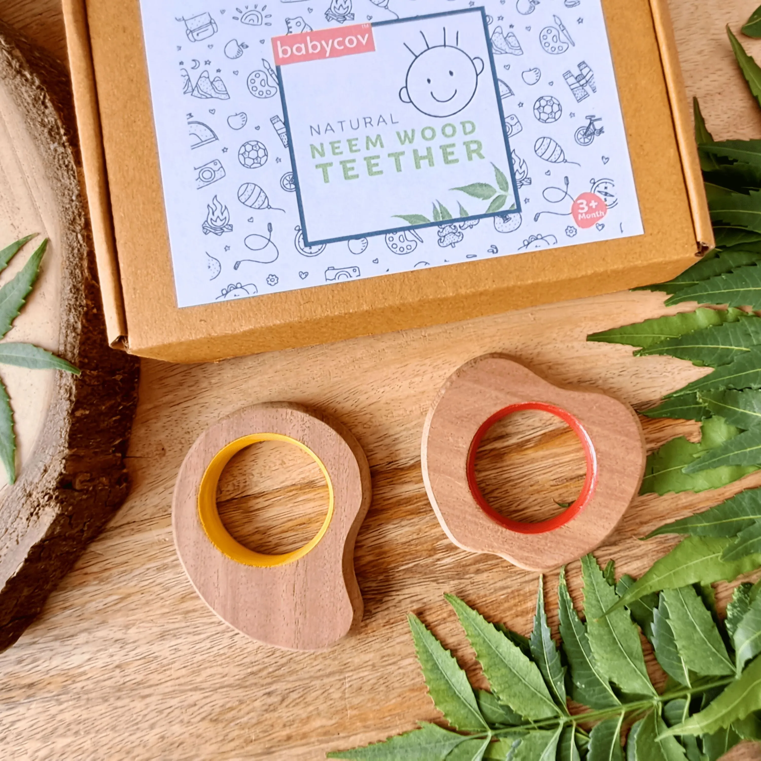 BABYCOV Cute Apple and Mango Natural Neem Wood Teethers for Babies | Natural and Safe | Goodness of Organic Neem Wood | Both Chewing and Grasping Toy | Set of 2 (Age 4  Months)