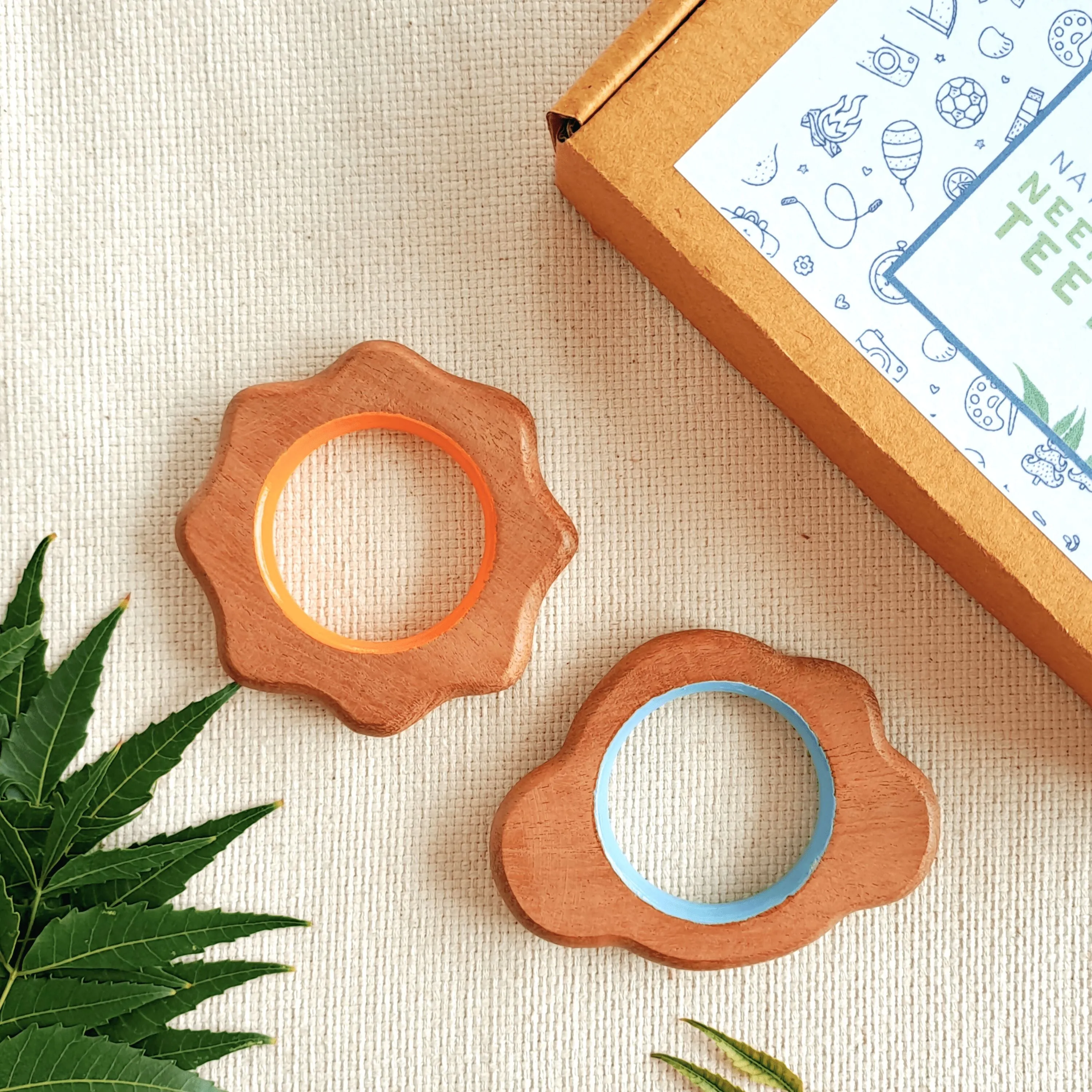 BABYCOV Cute Cloud and Sun Natural Neem Wood Teethers for Babies | Natural and Safe | Goodness of Organic Neem Wood | Both Chewing and Grasping Toy | Set of 2 (Age 4  Months)