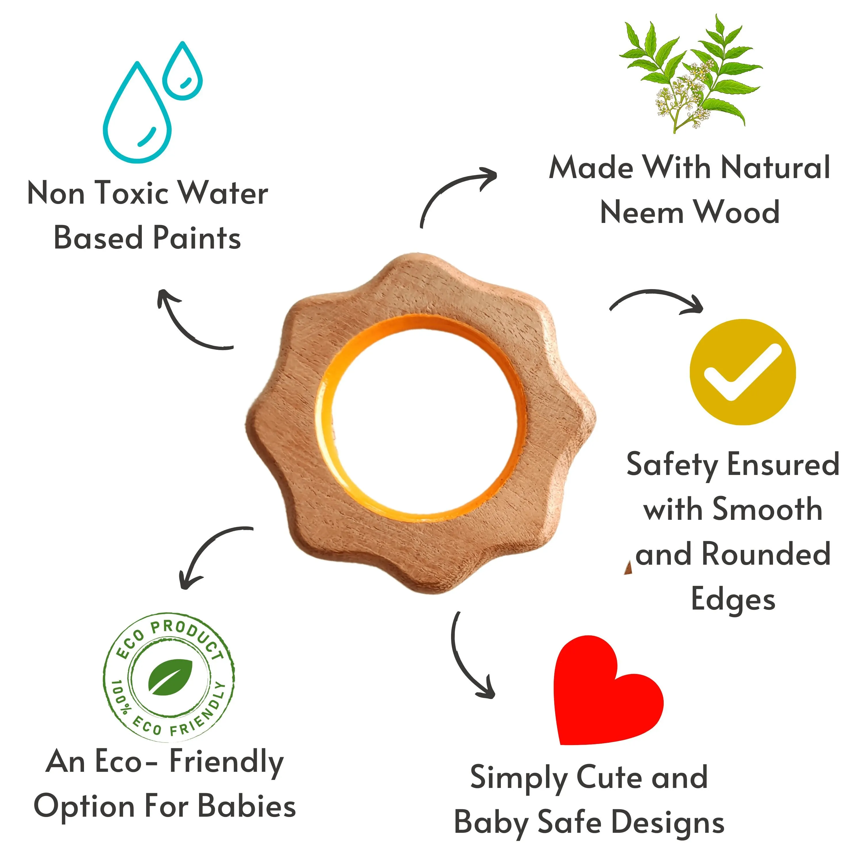 BABYCOV Cute Cloud and Sun Natural Neem Wood Teethers for Babies | Natural and Safe | Goodness of Organic Neem Wood | Both Chewing and Grasping Toy | Set of 2 (Age 4  Months)