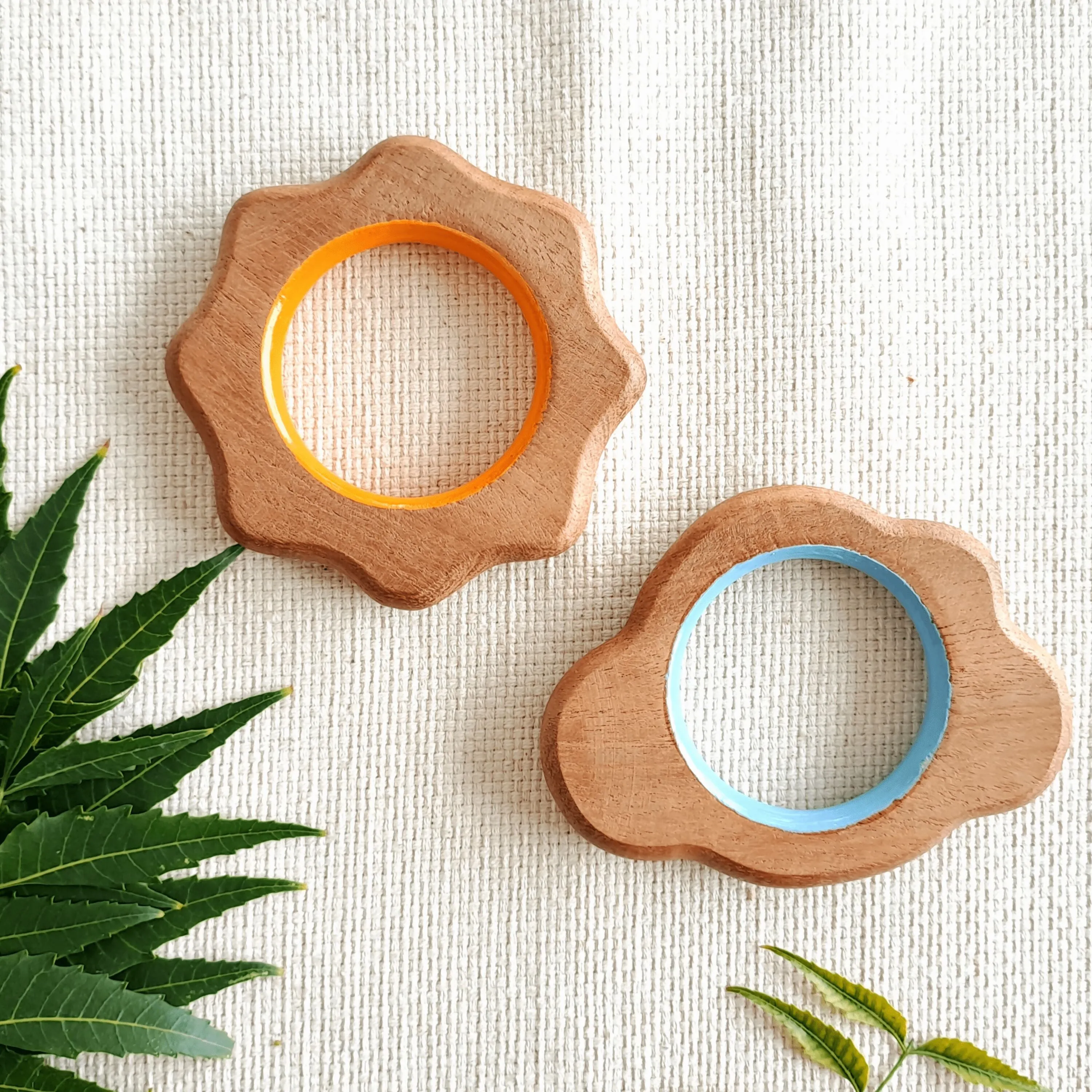 BABYCOV Cute Cloud and Sun Natural Neem Wood Teethers for Babies | Natural and Safe | Goodness of Organic Neem Wood | Both Chewing and Grasping Toy | Set of 2 (Age 4  Months)