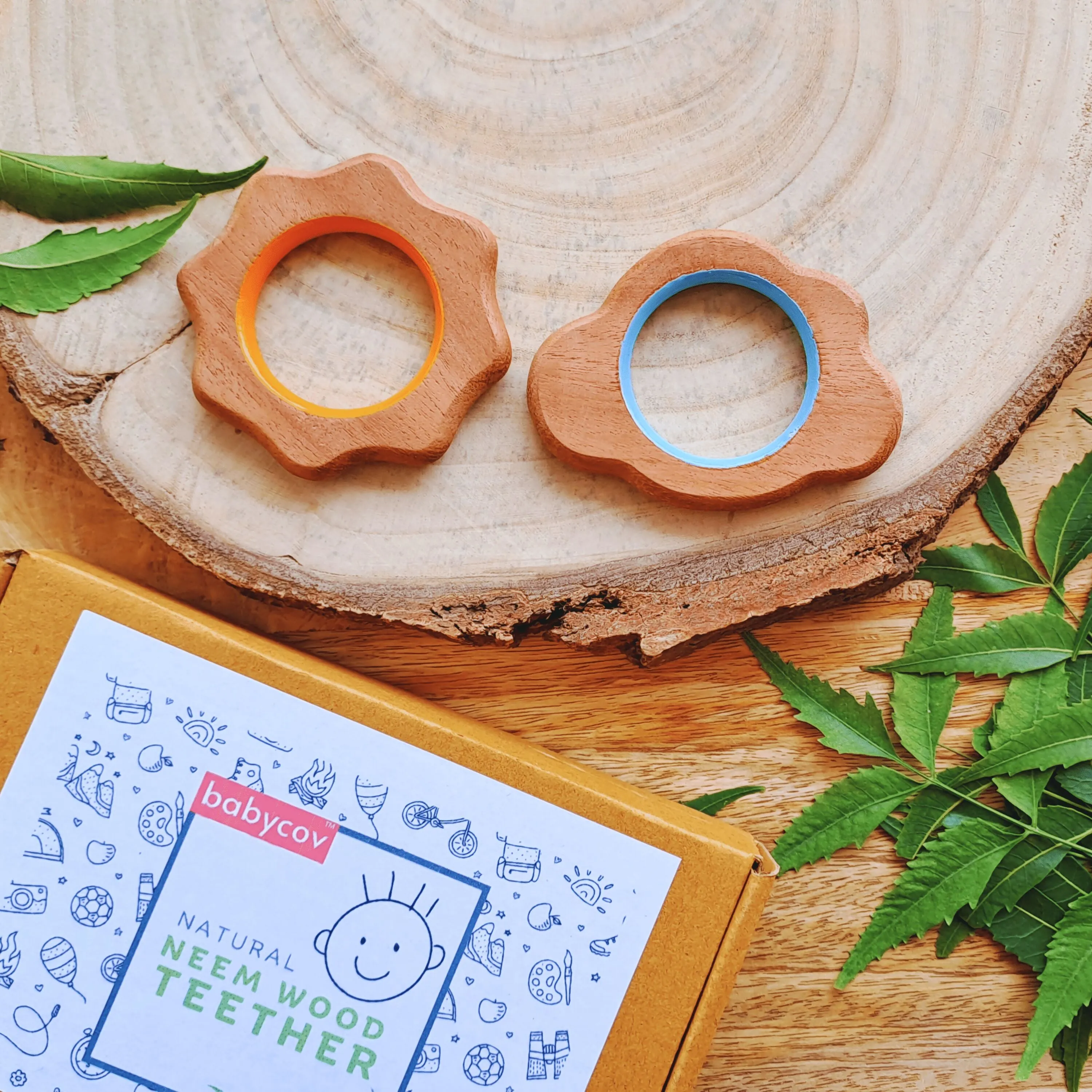 BABYCOV Cute Cloud and Sun Natural Neem Wood Teethers for Babies | Natural and Safe | Goodness of Organic Neem Wood | Both Chewing and Grasping Toy | Set of 2 (Age 4  Months)