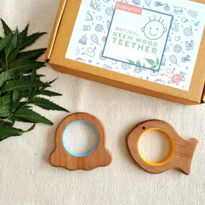 BABYCOV Cute Fish and Octopus Natural Neem Wood Teethers for Babies | Natural and Safe | Goodness of Organic Neem Wood | Both Chewing and Grasping Toy | Set of 2 (Age 4  Months)