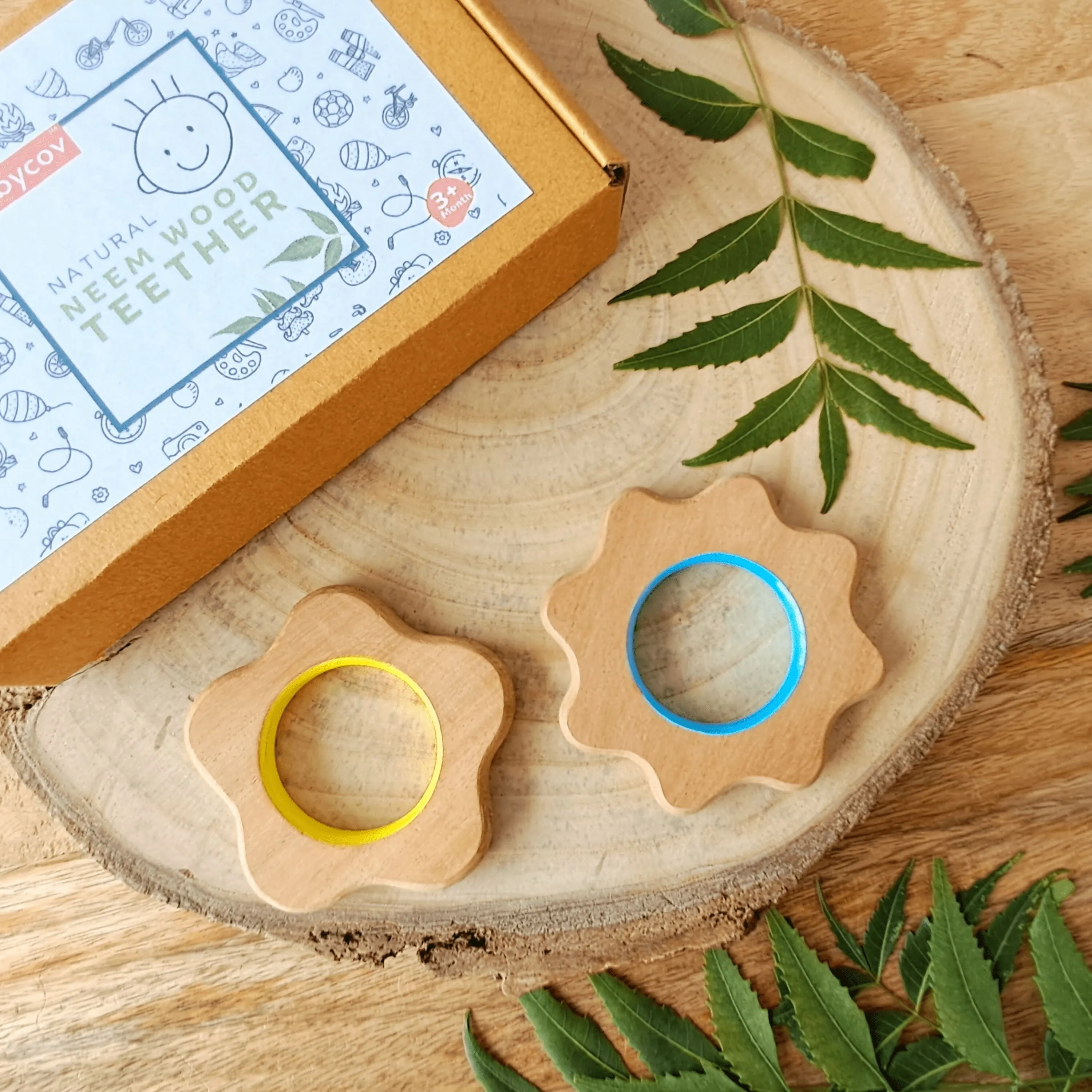 BABYCOV Cute Flower Shape Natural Neem Wood Teethers for Babies | Natural and Safe | Goodness of Organic Neem Wood | Both Chewing and Grasping Toy | Set of 2 (Age 4  Months)