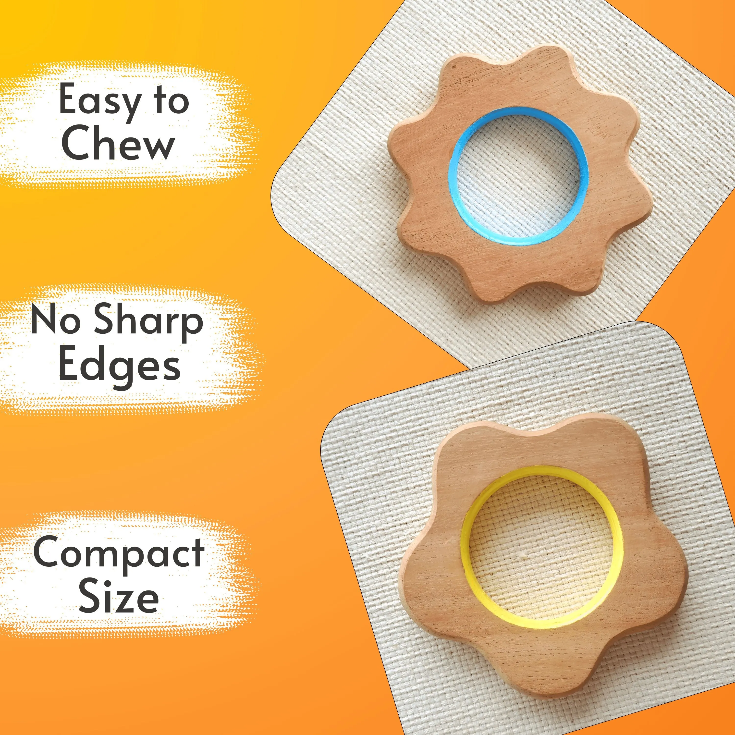 BABYCOV Cute Flower Shape Natural Neem Wood Teethers for Babies | Natural and Safe | Goodness of Organic Neem Wood | Both Chewing and Grasping Toy | Set of 2 (Age 4  Months)