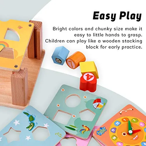 BAYBEE Wooden Colorful Intelligence Box Toys for Kids, Wooden Blocks Shape Matching Kids Toys with 5 Panels & Clock, Early Educational Learning Toy for Kids Boys & Girls (0 pieces)