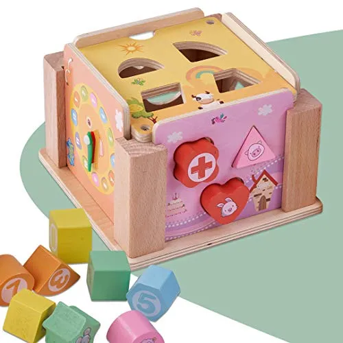 BAYBEE Wooden Colorful Intelligence Box Toys for Kids, Wooden Blocks Shape Matching Kids Toys with 5 Panels & Clock, Early Educational Learning Toy for Kids Boys & Girls (0 pieces)