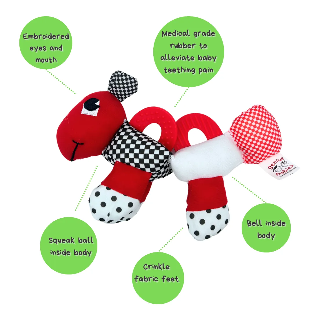 Caterpillar Teething and Sensory Toy in Black, White and Red, 9"