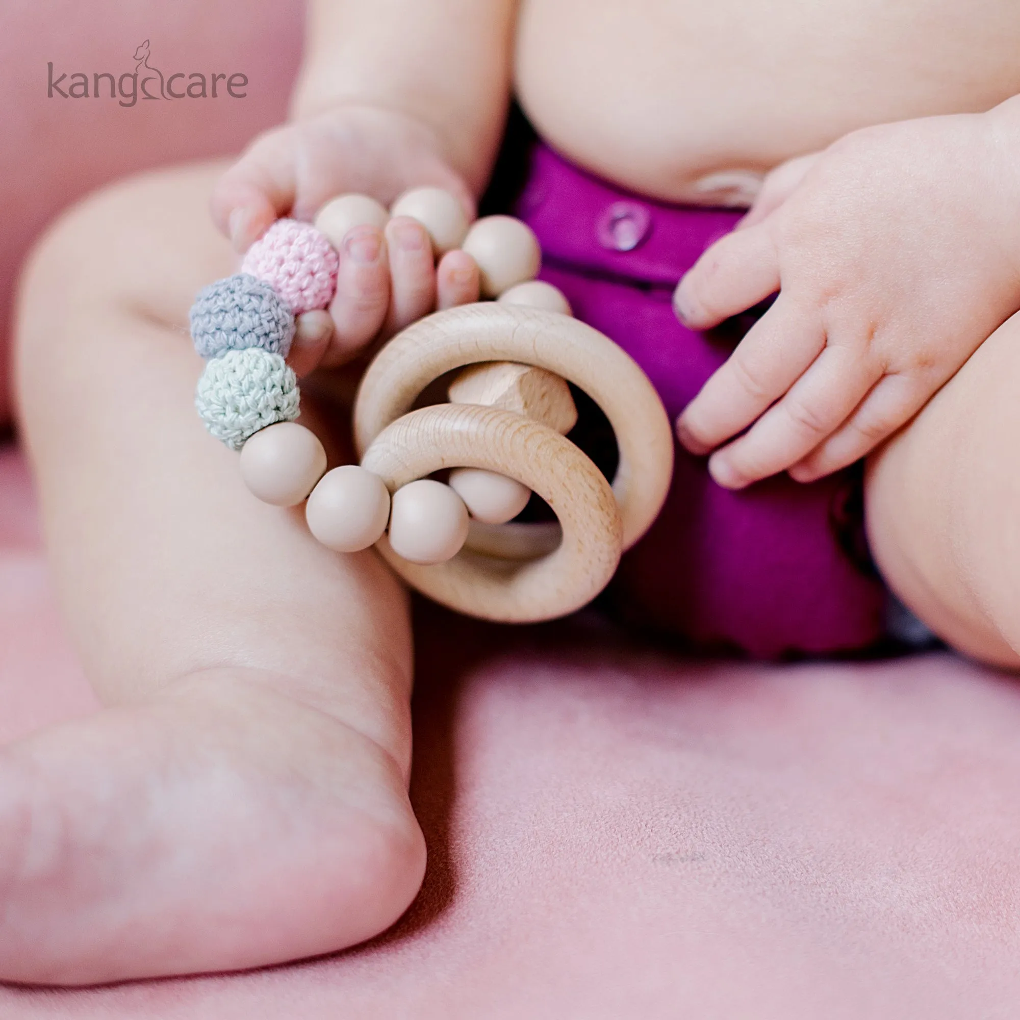 Kanga Care Silicone & Wood Teething Ring - Crocheted - Blush