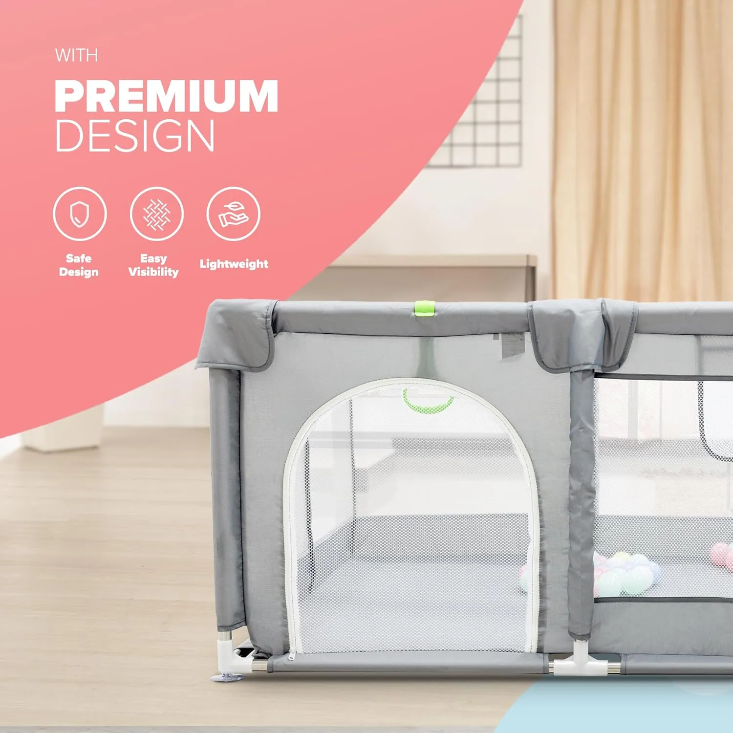 KIDOOLA Extra Large Baby Playpen with Padded Frame & Mesh Walls – Includes Balls & Pull Rings for Indoor & Outdoor Fun – Breathable Mesh Toddler Fence (127x127x65cm)