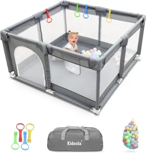 KIDOOLA Extra Large Baby Playpen with Padded Frame & Mesh Walls – Includes Balls & Pull Rings for Indoor & Outdoor Fun – Breathable Mesh Toddler Fence (127x127x65cm)