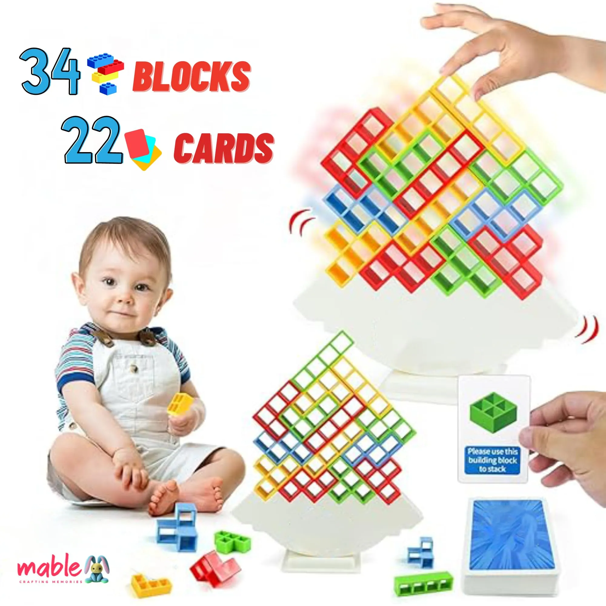 MABLE Tetra Tower Game 34 Blocks & 22 Cards, Swing Stack High Child Balance Building Block, Interactive STEM Toy for Family, Travel, Parties for Adults & Kids